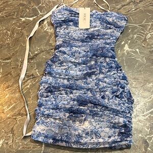 Blue Floral Strapless Dress